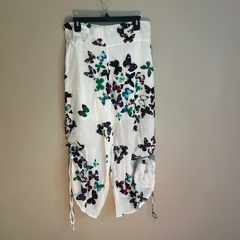 Harem Pants White Cotton Butterfly Allover Print Wide Leg Ruched Boho Pull On - Picture 3 of 8
